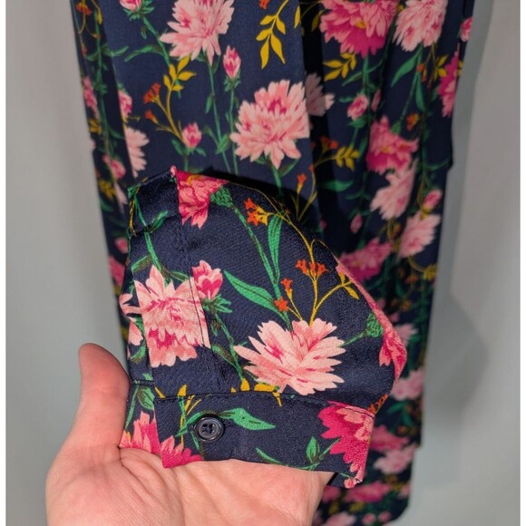 Old Navy Dress M Women's Blue Floral Long Sleeve Tie Neck Satin Shift - Picture 5 of 7